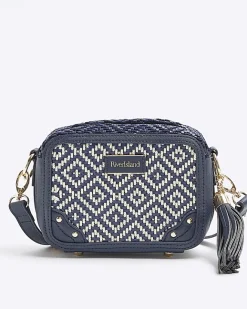 River Island Navy Geometric Woven Cross Body Bag Blue New