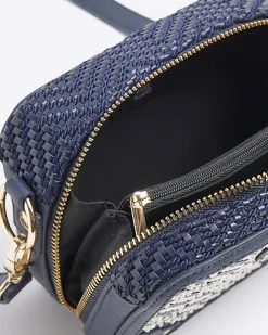 River Island Navy Geometric Woven Cross Body Bag Blue New