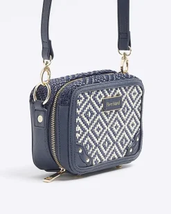 River Island Navy Geometric Woven Cross Body Bag Blue New