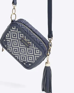 River Island Navy Geometric Woven Cross Body Bag Blue New
