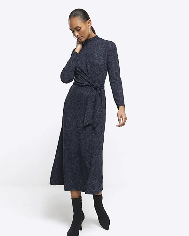 River Island Navy glitter knot bodycon midi dress Blue Best