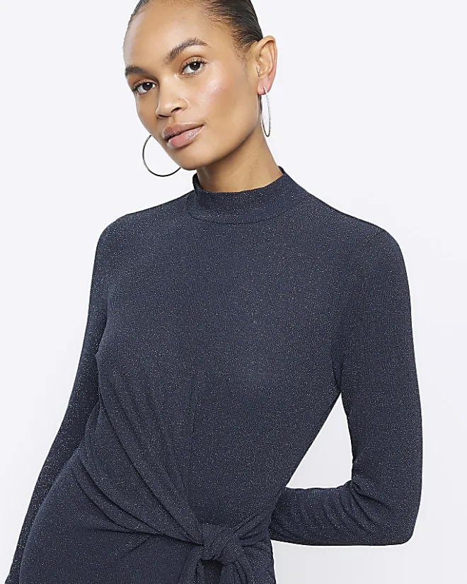 River Island Navy glitter knot bodycon midi dress Blue Best