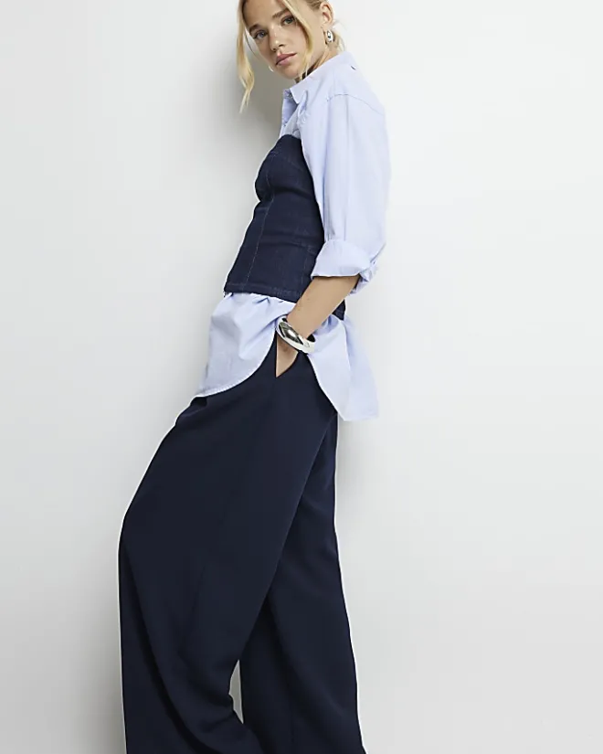 River Island Navy high waisted wide leg trousers Blue Best