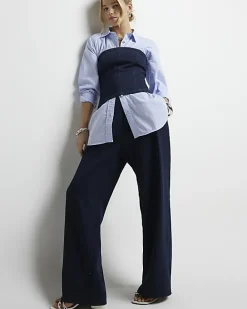 River Island Navy high waisted wide leg trousers Blue Best