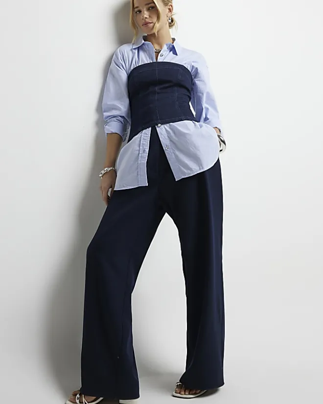 River Island Navy high waisted wide leg trousers Blue Best