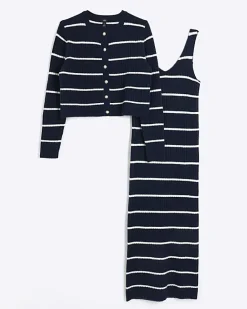 River Island Navy knit stripe bodycon midi dress set Blue Outlet
