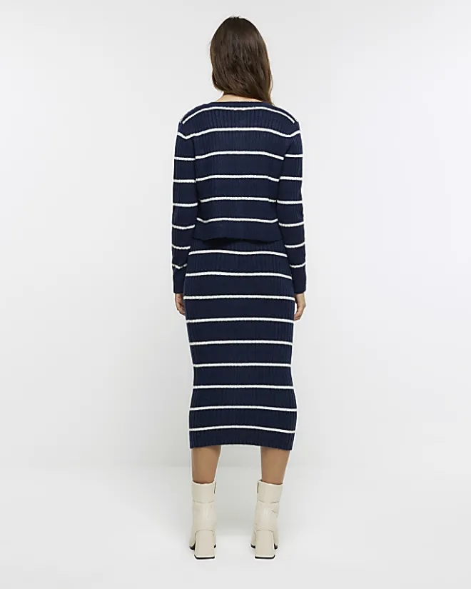 River Island Navy knit stripe bodycon midi dress set Blue Outlet