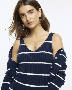 River Island Navy knit stripe bodycon midi dress set Blue Outlet