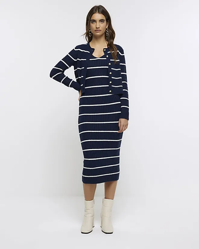 River Island Navy knit stripe bodycon midi dress set Blue Outlet