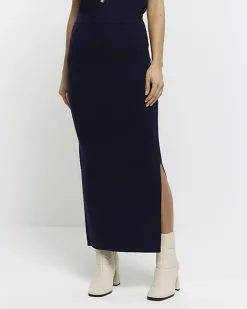 River Island Navy knitted maxi skirt Blue Clearance