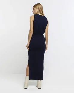 River Island Navy knitted maxi skirt Blue Clearance