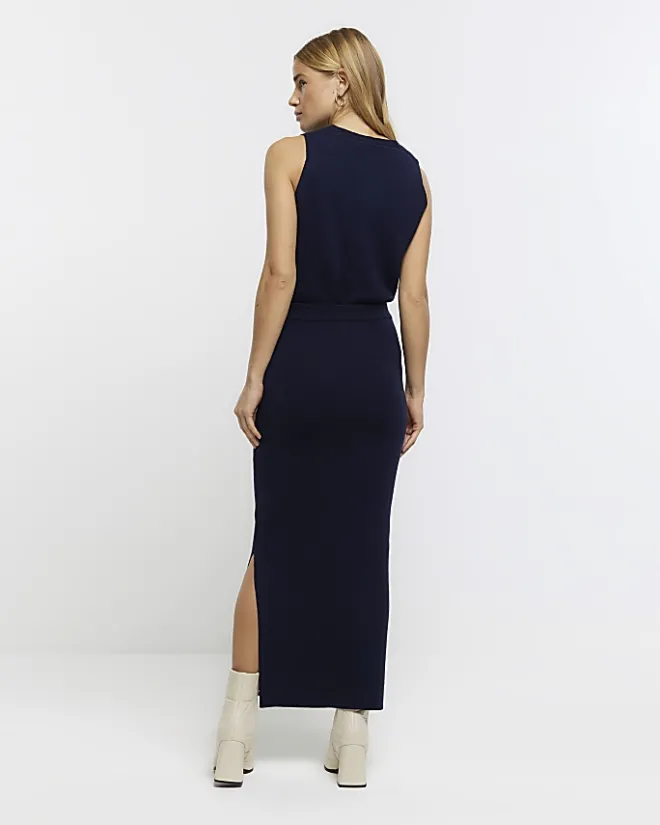 River Island Navy knitted maxi skirt Blue Clearance