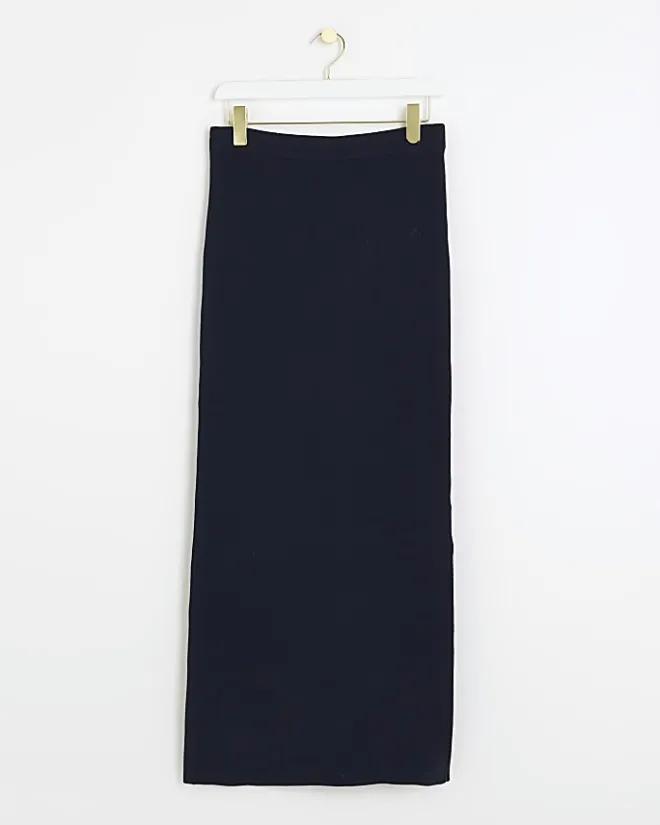 River Island Navy knitted maxi skirt Blue Clearance