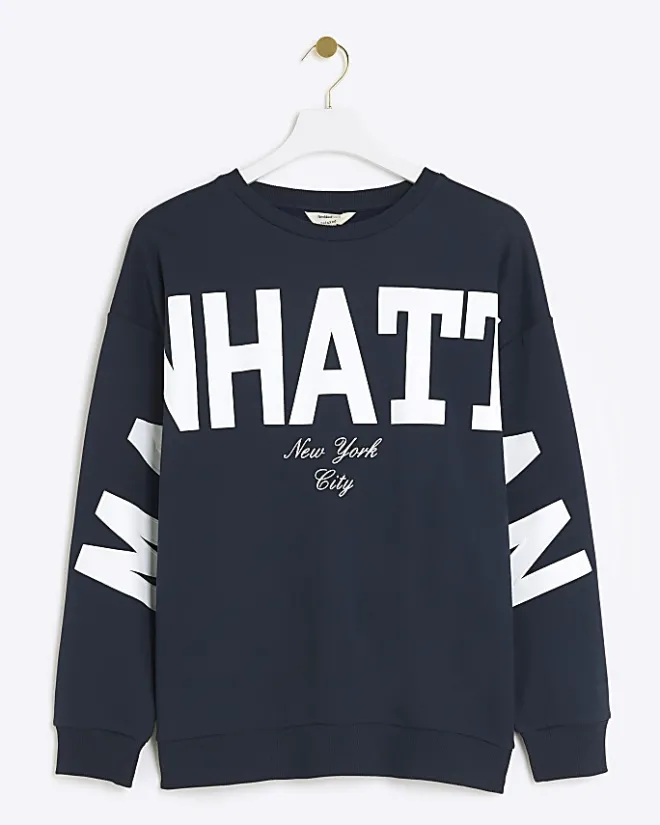River Island Navy Manhattan graphic sweatshirt Blue Hot