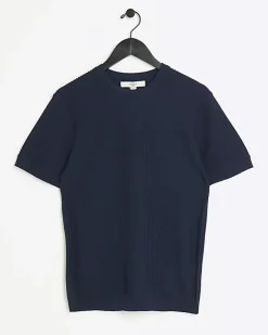 River Island muscle fit brick knit t-shirt Navy Clearance