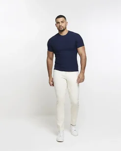 River Island muscle fit brick knit t-shirt Navy Clearance