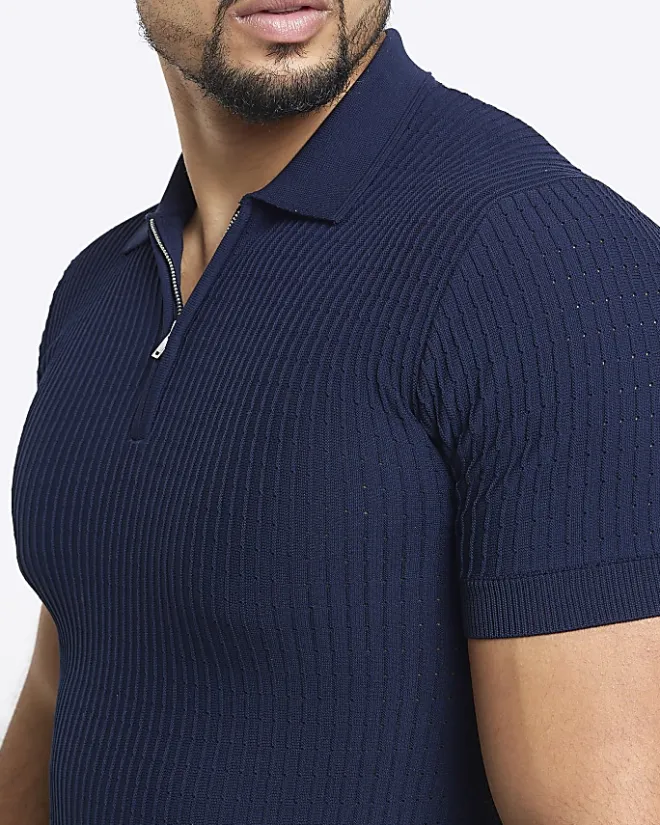 River Island muscle fit knitted half zip polo Navy Discount
