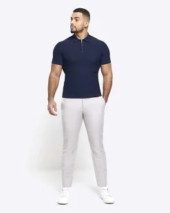 River Island muscle fit knitted half zip polo Navy Discount