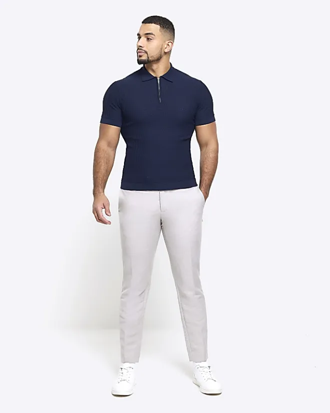 River Island muscle fit knitted half zip polo Navy Discount