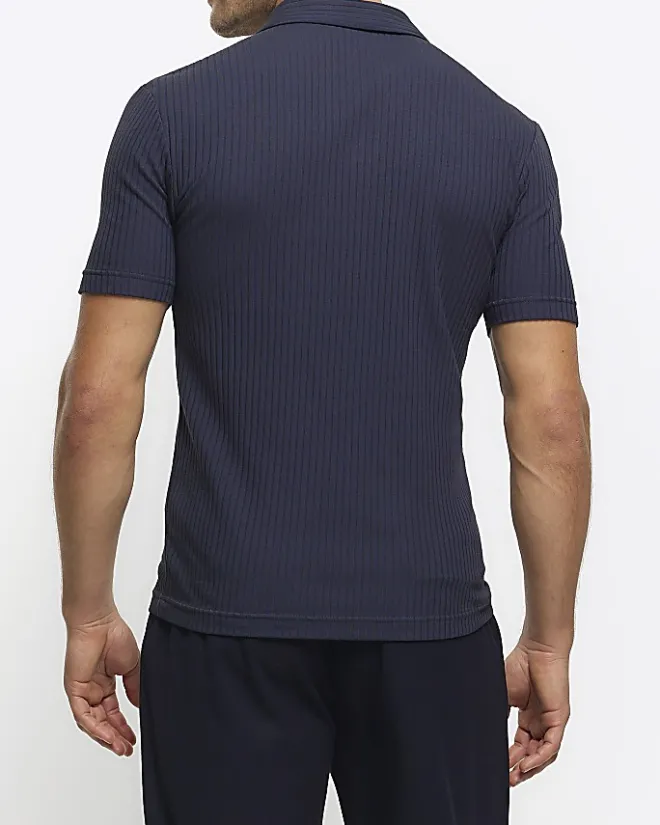 River Island muscle fit rib open collar polo Navy New