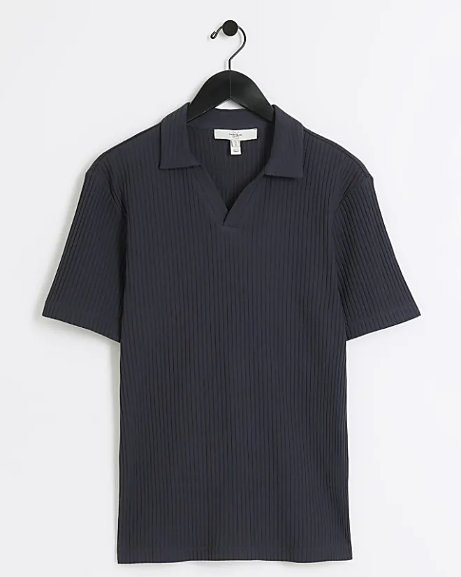 River Island muscle fit rib open collar polo Navy New