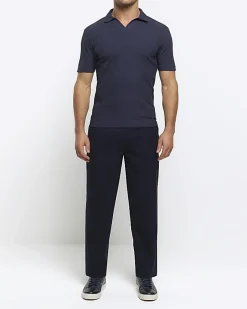 River Island muscle fit rib open collar polo Navy New