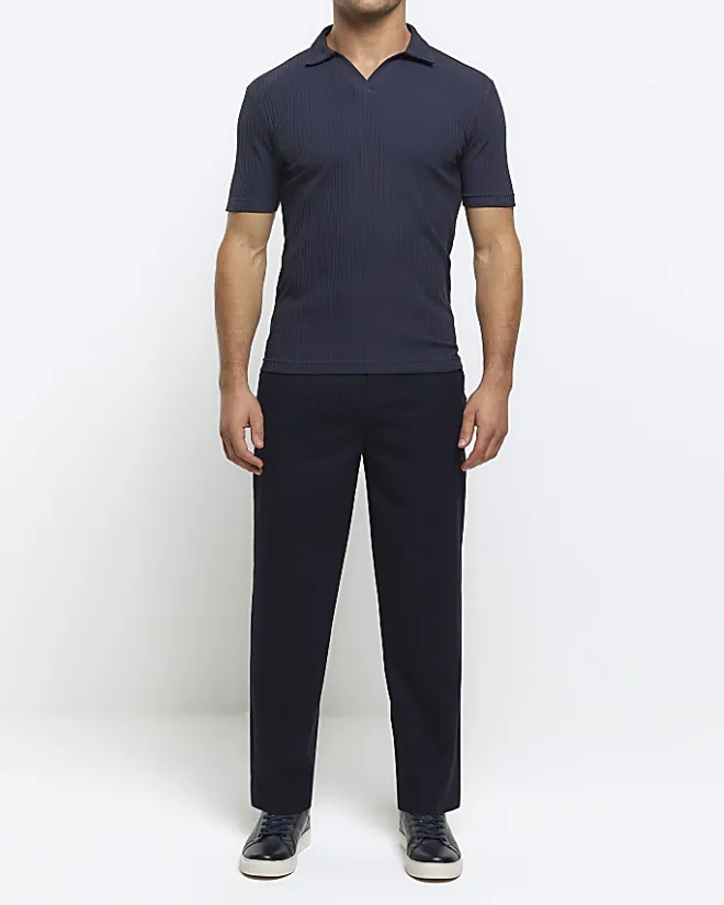 River Island muscle fit rib open collar polo Navy New
