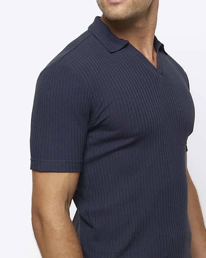 River Island muscle fit rib open collar polo Navy New