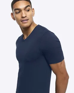 River Island muscle fit V neck t-shirt Navy Best