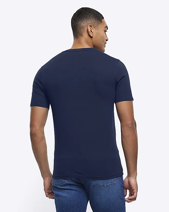 River Island muscle fit V neck t-shirt Navy Best