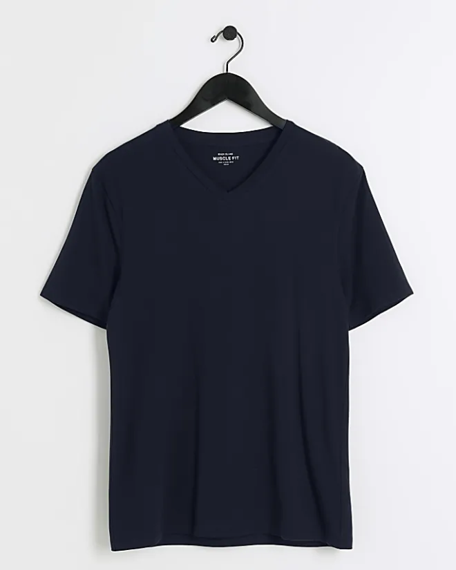 River Island muscle fit V neck t-shirt Navy Best