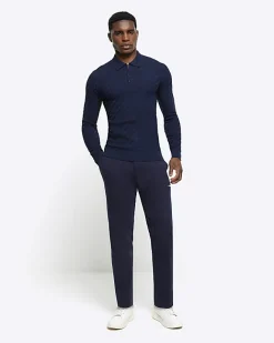 River Island muscle fit zig zag knit polo Navy Hot