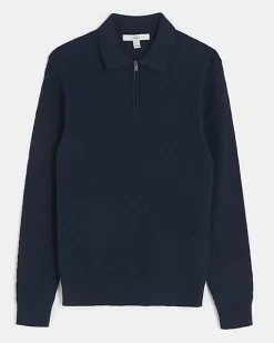 River Island muscle fit zig zag knit polo Navy Hot