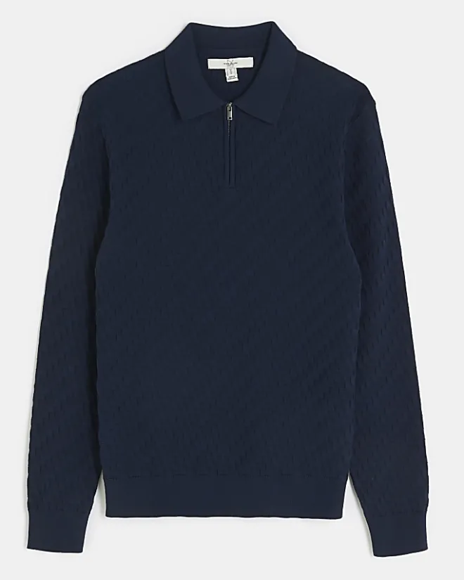 River Island muscle fit zig zag knit polo Navy Hot