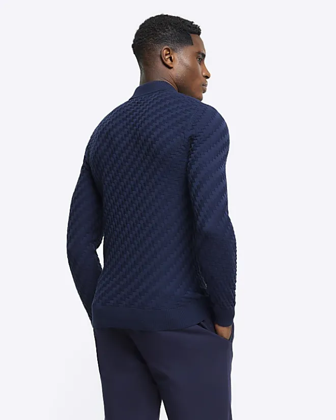 River Island muscle fit zig zag knit polo Navy Hot