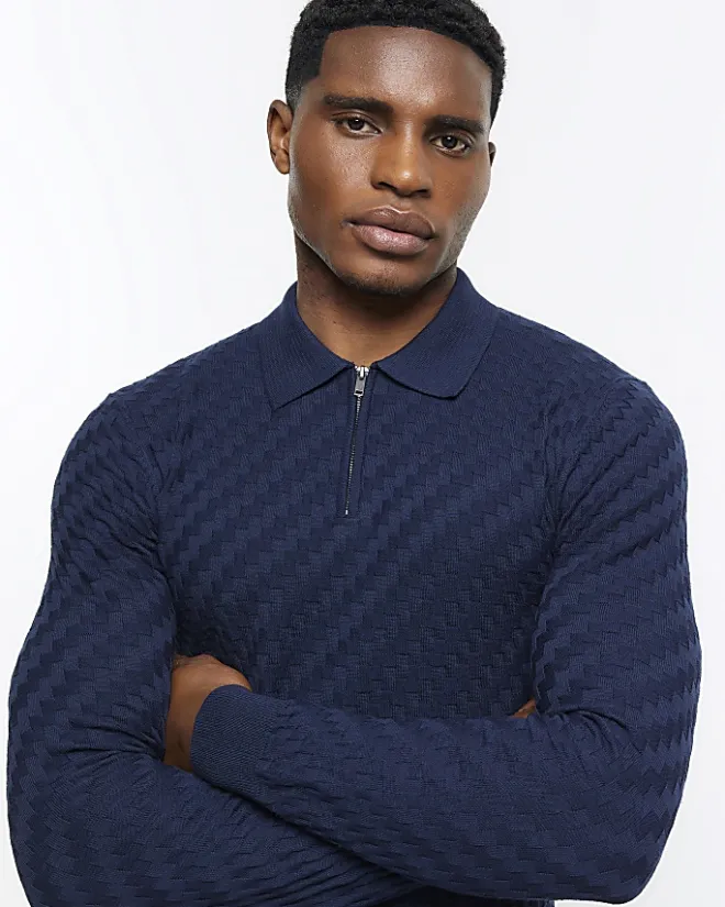 River Island muscle fit zig zag knit polo Navy Hot
