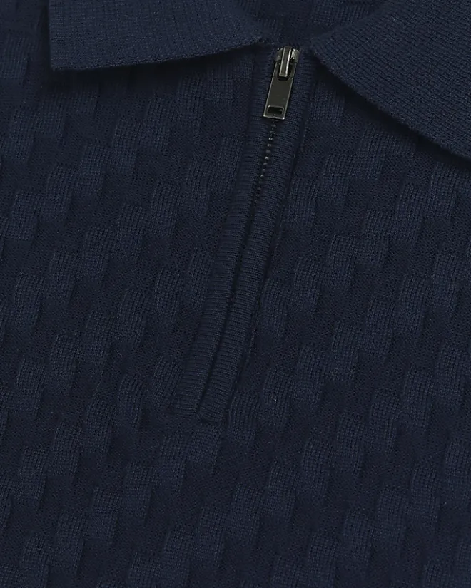 River Island muscle fit zig zag knit polo Navy Hot