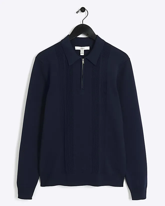 River Island muscle textured knit long sleeve polo Navy New