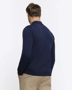 River Island muscle textured knit long sleeve polo Navy New