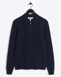 River Island muscle textured knit long sleeve polo Navy New