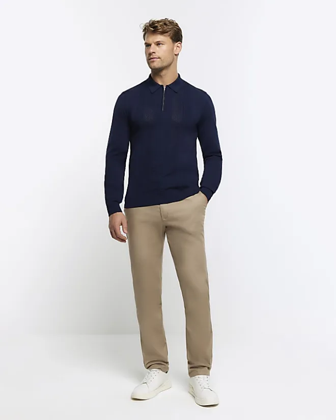 River Island muscle textured knit long sleeve polo Navy New