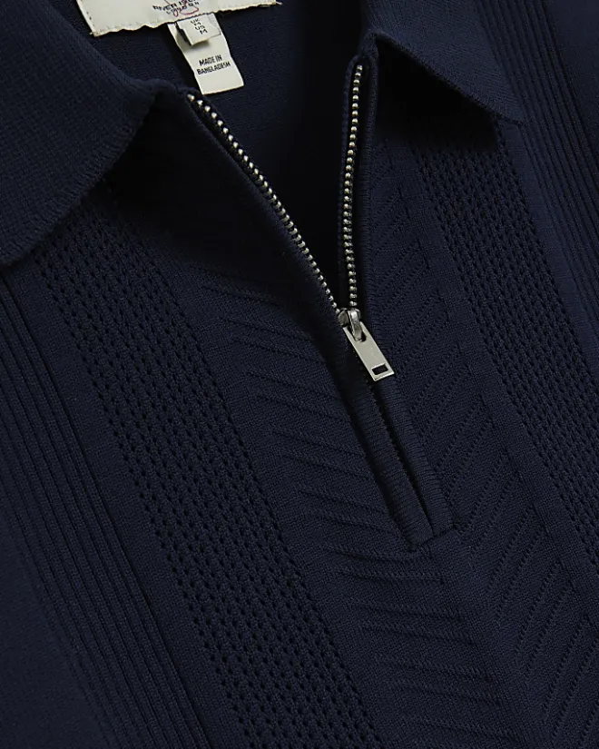 River Island muscle textured knit long sleeve polo Navy New