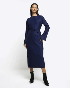 River Island Navy plisse belted bodycon mini dress Blue Clearance