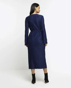 River Island Navy plisse belted bodycon mini dress Blue Clearance