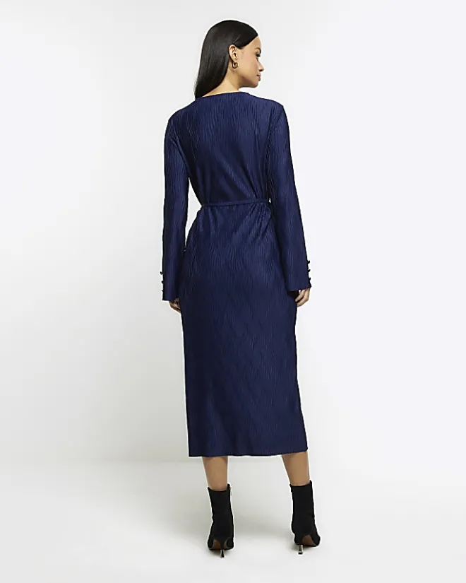 River Island Navy plisse belted bodycon mini dress Blue Clearance