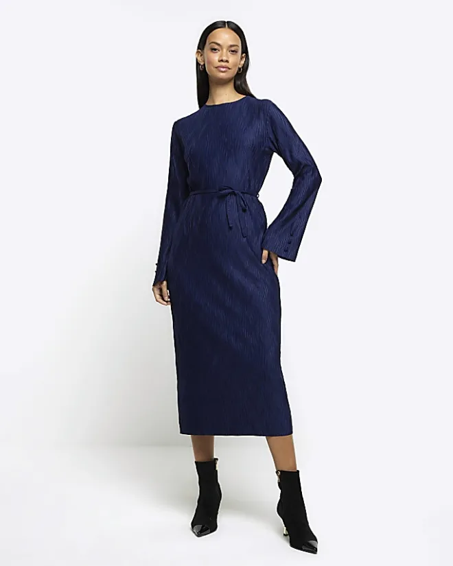 River Island Navy plisse belted bodycon mini dress Blue Clearance