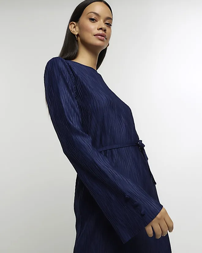 River Island Navy plisse belted bodycon mini dress Blue Clearance