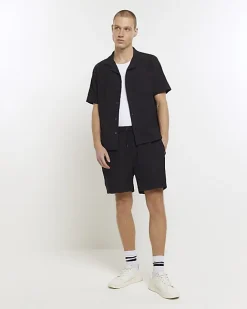 River Island regular fit crochet revere shirt Navy Online
