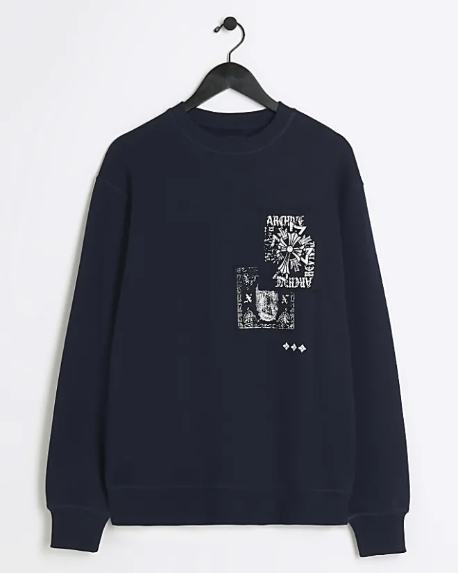 River Island regular fit gothic graphic sweatshirt Navy Online