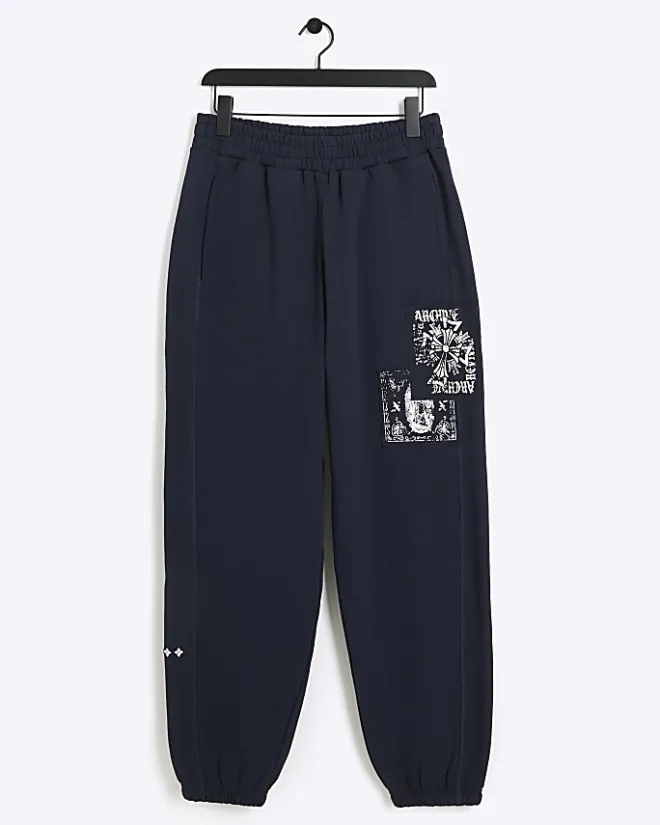 River Island regular fit gothic graphic sweatpants Navy Outlet